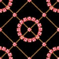 Seamless pattern with crossed golden chains and round gemstones