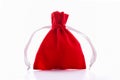 Jewelry bag. Drawstring pouch. Red velvet pouch on a white background Royalty Free Stock Photo