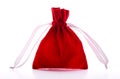 Jewelry bag. Drawstring pouch. Red velvet pouch on a white background Royalty Free Stock Photo