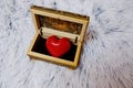 Jewelry box with a heart inside. Painted wooden box for decoration with gold rings inside. Soft fluffy backgroundr. Royalty Free Stock Photo