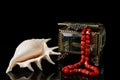 Jewelry box with heart from red coral chaplet and shell on black background Royalty Free Stock Photo