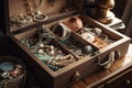 a jewelry box overflowing with bracelets, necklaces and rings Royalty Free Stock Photo