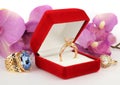 Jewelry box with ring, flower background Royalty Free Stock Photo