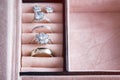 Jewelry box with white gold and silver rings. Collection of luxury jewelry. Royalty Free Stock Photo