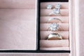 Jewelry box with white gold and silver rings. Collection of luxury jewelry. Royalty Free Stock Photo