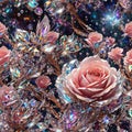 Jewelry Crystal Render Roses Flowers Seamless Pattern Colorful Digital Background Floral Design - ai generated