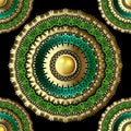 Jewelry 3d vector seamless mandala pattern. Ornamental luxury ornate background. Floral vintage gold green flower lace Royalty Free Stock Photo