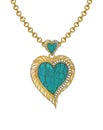 Jewelry design fancy heart set witn feather and turquoise gold pendant. Royalty Free Stock Photo