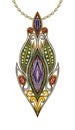 Jewelry design vintage art set with amethyst garnet green sapphire silver and gold pendant.