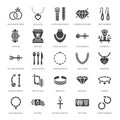 Jewelry flat glyph icons, jewellery store signs. Jewels accessories - gold engagement rings, gem earrings, silver chain Royalty Free Stock Photo