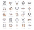 Jewelry flat line icons, jewellery store signs. Jewels accessories - gold engagement rings, gem earrings, silver chain