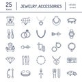 Jewelry flat line icons, jewellery store signs. Jewels accessories - gold engagement rings, gem earrings, silver chain Royalty Free Stock Photo