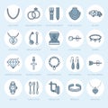 Jewelry flat line icons, jewellery store signs. Jewels accessories - gold engagement rings, gem earrings, silver chain Royalty Free Stock Photo