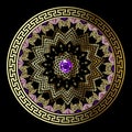 Jewelry floral round greek grunge mandala pattern. Ornate embroidery flowers with violet gemstone. Greek key meanders ornament.