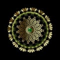 Jewelry floral round greek mandala pattern. Ornate gold flowers. Green emerald gemstone decor. Greek key meanders ancient ornament Royalty Free Stock Photo