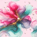 Jewelry floral watercolor acrylic hand drawn liquid smudge fluid pink turquoise splash stain brush stroke line 3d pearls seamless Royalty Free Stock Photo
