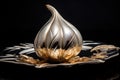 jewelry Garlic made of metal on a relief silver dish on a black background