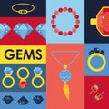Jewelry gems in flat style, vector illustration. Isolated icons of gemstones and jewels in colorful collage. Set of Royalty Free Stock Photo