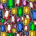 Seamless pattern, multi colored jewelry gemstones. Vector illustration. Doodle gemstones on gray background