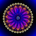 Jewelry glowing colorful 3d mandala. Illuminated 3d flower. Neon shiny round pattern. Luxury glow background. Sapphire gemstone.