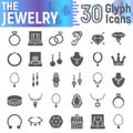 Jewelry glyph icon set, accessory symbols collection, vector sketches, logo illustrations, jewel signs solid pictograms