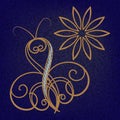 Jewelry gold butterfly with diamonds. Textured swirls butterfly and flower on denim jeans background. Golden strings. Swirl lines Royalty Free Stock Photo