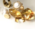 Jewelry gold rings  white pearl and  natural yellow citrine gem stone and white pearl gold ring with  christal diamonds on pin Royalty Free Stock Photo