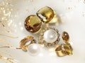 Jewelry gold rings white pearl and natural yellow citrine gem stone and white pearl gold ring with christal diamonds on pin