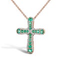 Jewelry golden cross pendant with emeralds and diamonds, golden chain, rose gold, isolated on white