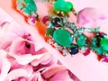 Jewelry green emerald silver pink opal costume jewelry for women on living coral background