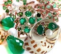 Jewelry green emerald white pearl gold yellow pink ring and earing women acessoryes gemstone in seashell concept