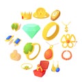 Jewelry items icons set, cartoon style