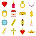 Jewelry items icons set in flat style Royalty Free Stock Photo