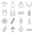 Jewelry items icons set, outline style