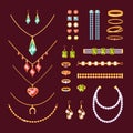 Jewelry items set. Fashionable necklaces with pearls ruby cufflinks rings bracelets tourmaline diamonds gold earrings