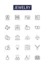 Jewelry line vector icons and signs. Ornaments, Charms, Necklaces, Rings, Bracelets, Earrings, Pendants, Lockets outline Royalty Free Stock Photo