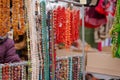 Jewelry made of natural stones on flea market or souvenir market. Old and new necklaces for sale, fancy jewelry in flea