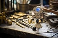 Jewelry makers table with luxury expensive accessory and tools. Generative AI