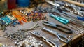 The jewelry making area with a table covered in different types of pliers wire ters and beads Royalty Free Stock Photo