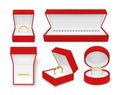 Jewelry in red boxes realistic illustrations set. Gold wedding, engagement rings, pearl necklace.