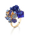 Jewelry ring with blue gems flower isolated on white with clipping path Royalty Free Stock Photo