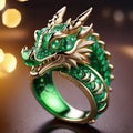 Jewelry ring with green emerald and dragon on black background. Symbol of new year 2024