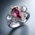Jewelry ring with ruby on a gray background. 3d illustration Royalty Free Stock Photo