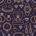 Jewelry seamless pattern, line illustration. Vector icons of jewels accessories - gold engagement rings, diamond, pearl Royalty Free Stock Photo