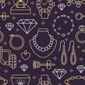 Jewelry seamless pattern, line illustration. Vector icons of jewels accessories - gold engagement rings, diamond, pearl Royalty Free Stock Photo