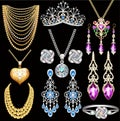 jewelry set with a chain with a pendant, earrings, necklace and tiara with multi-colored precious stones, beads