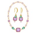 Jewelry set of earrings and bracelete or necklace. Green drop, Purple square and round crystal gemstone with gold