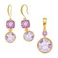 Jewelry set of earrings and pendant. Purple square and round crystal gemstone with gold element. Beautiful Watercolor