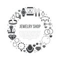 Jewelry shop, diamond accessories banner illustration. Vector glyph line icon of jewels gold engagement rings, gem Royalty Free Stock Photo