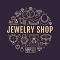 Jewelry shop, diamond accessories banner illustration. Vector line icon of jewels - gold engagement rings, gem earrings Royalty Free Stock Photo